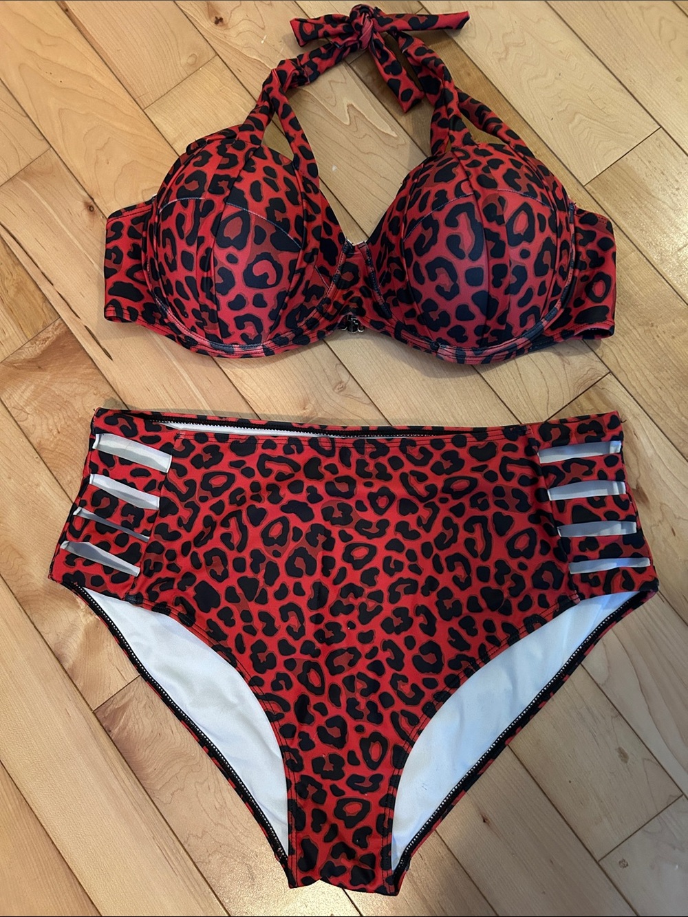 Red and Black Leopard Halter Bikini Set